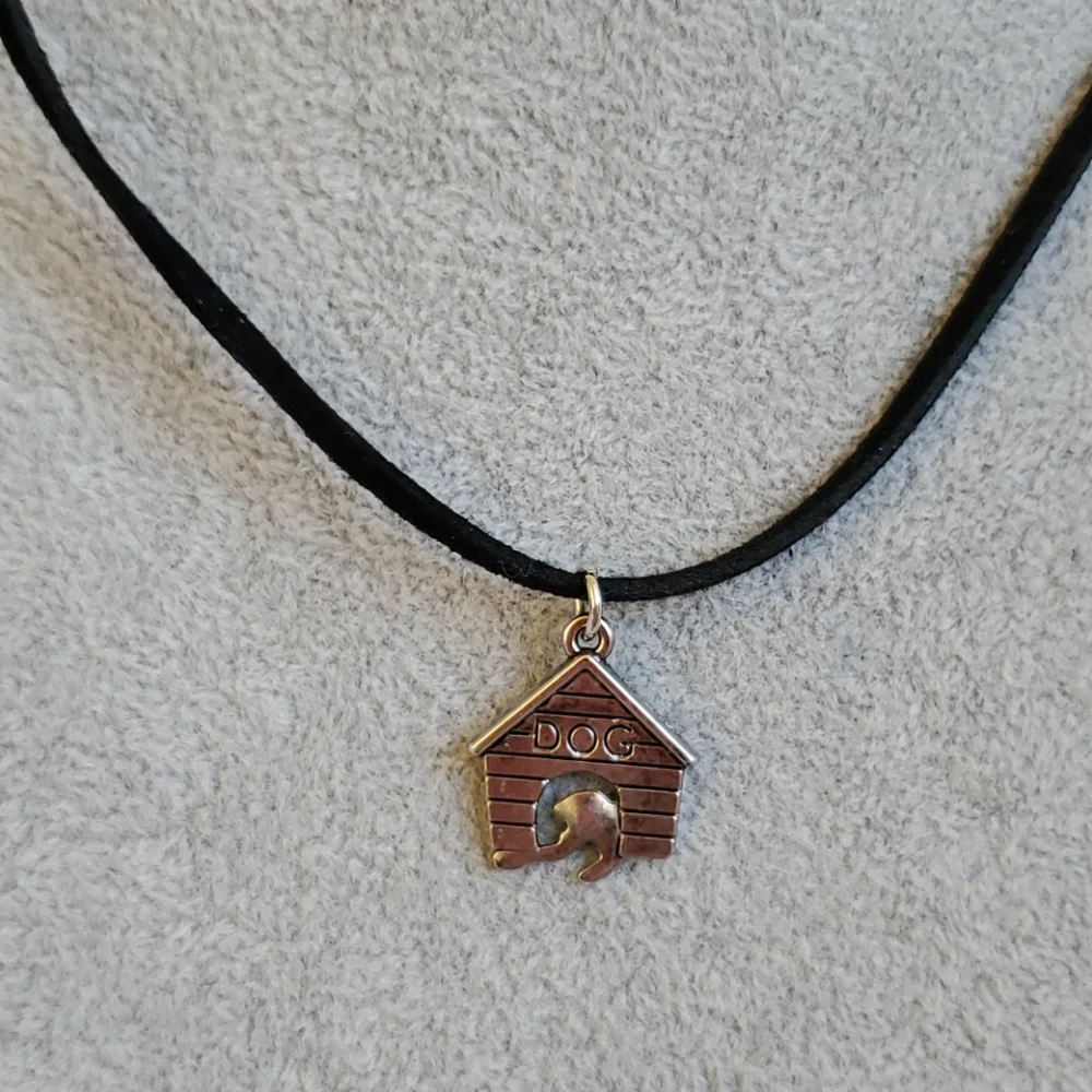 Mens doghouse charm on black suede necklace